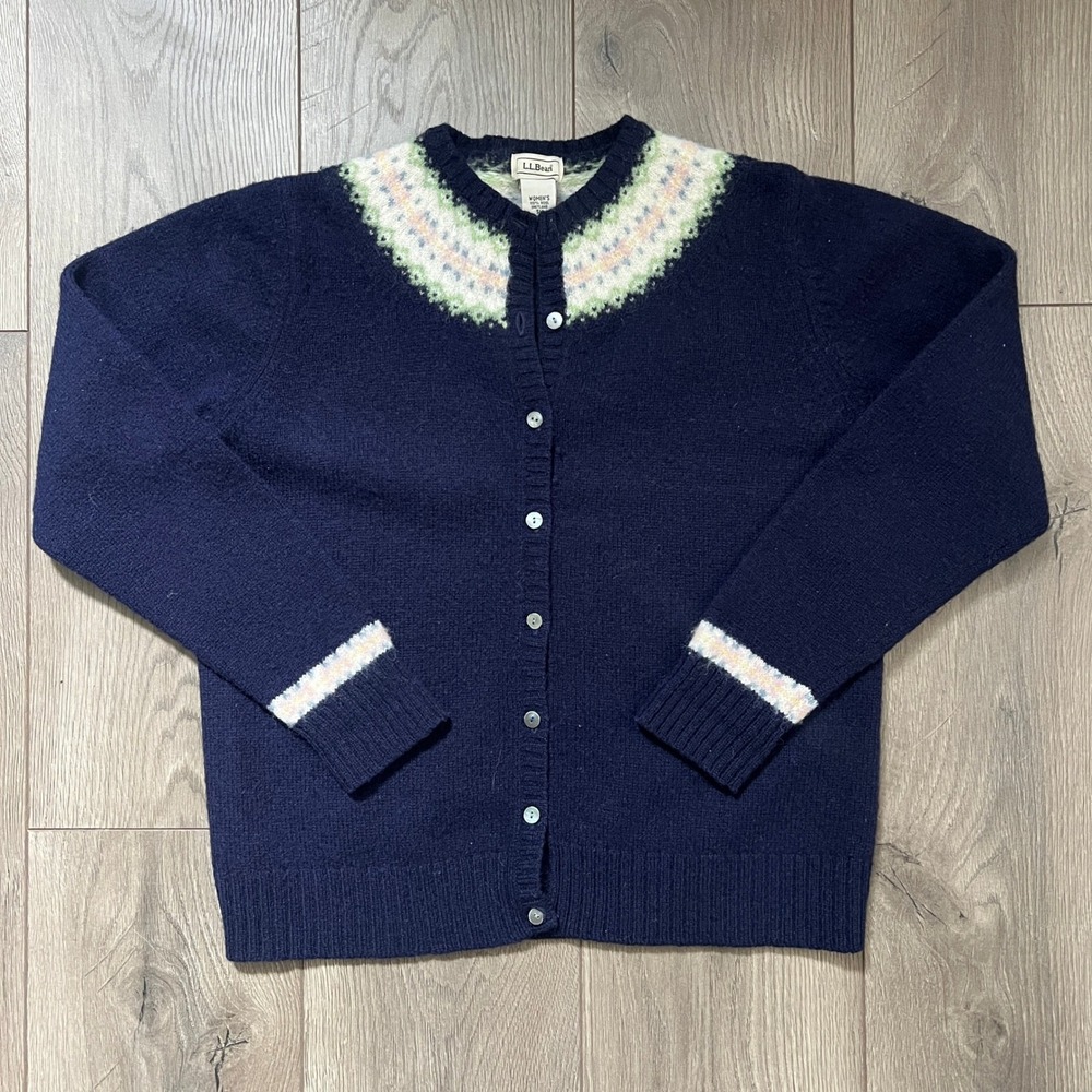 LL Bean Shetland Wool Fair Isle Yoke Cardigan Sweater Navy Blue Women Small